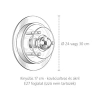 UFO Bauhaus fali lámpa méretei: Ø 24 vagy 30 cm, kinyúlás 17 cm