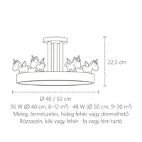 Unikornis lámpa méretei: Ø 40 / 50 cm, 22,5 cm magas