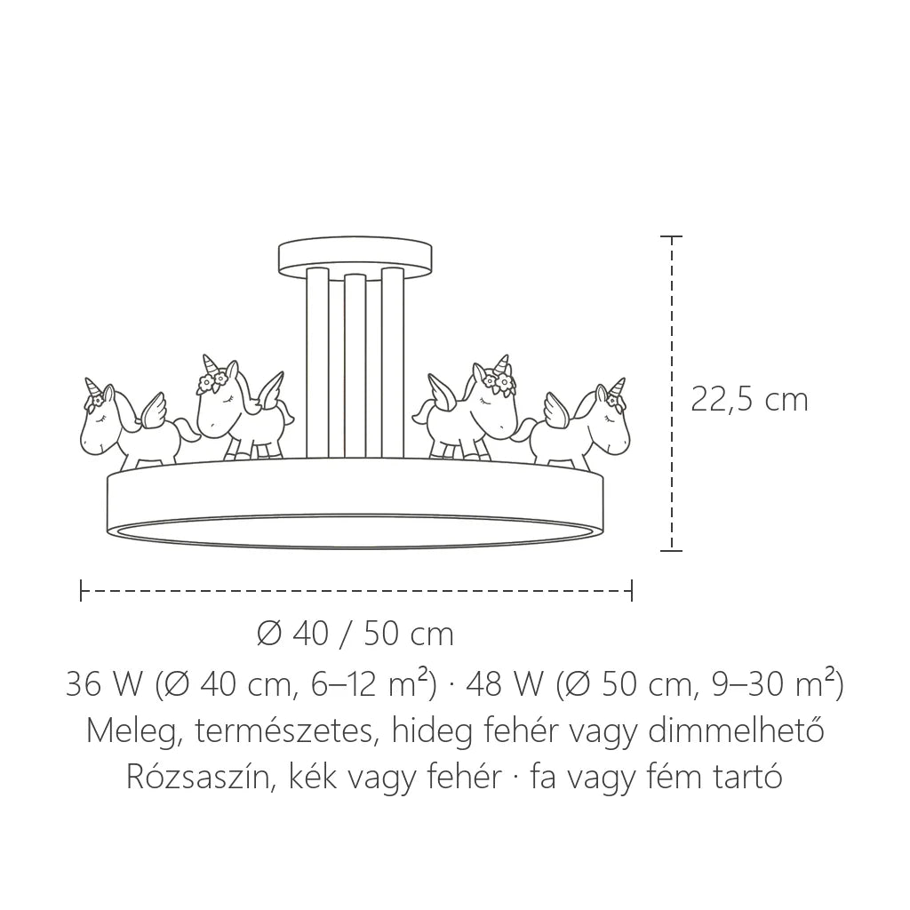 Unikornis lámpa méretei: Ø 40 / 50 cm, 22,5 cm magas