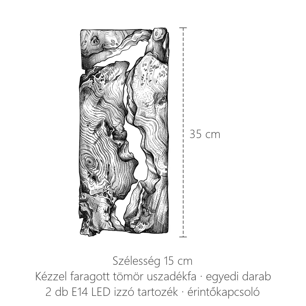 Uszadékfa fali lámpa méretei: 35 cm magas, 15 cm széles