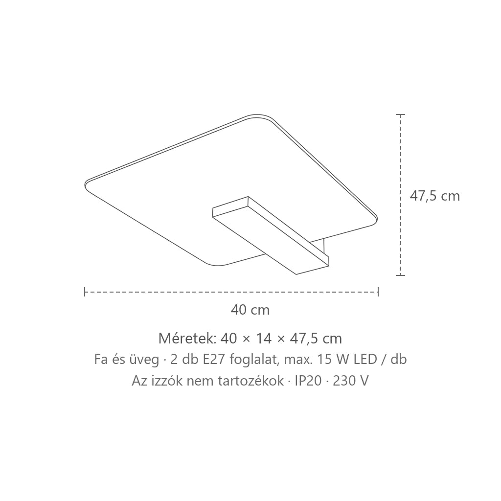 Üveg és fa mennyezeti lámpa méretei: 40 × 14 × 47,5 cm