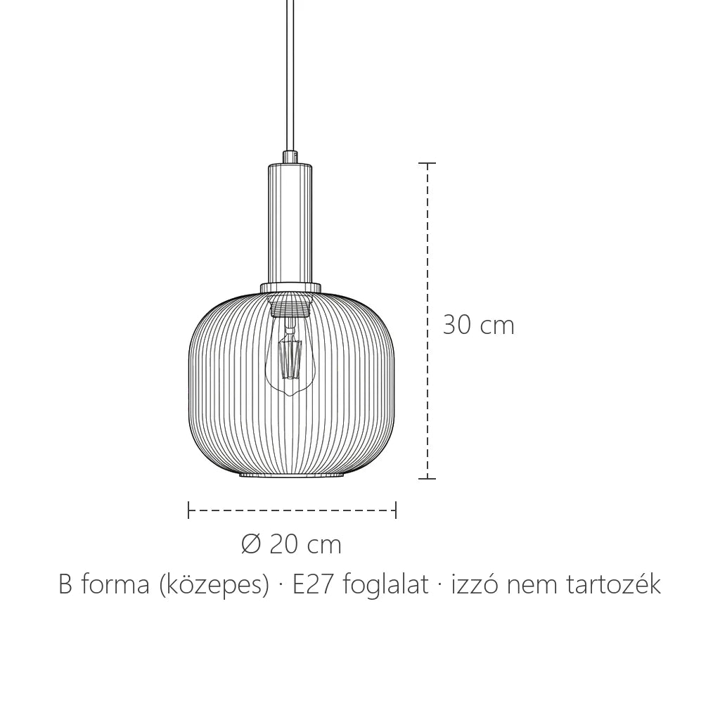 Közepes üveg függő lámpa méretei: Ø 20 cm, 30 cm magas