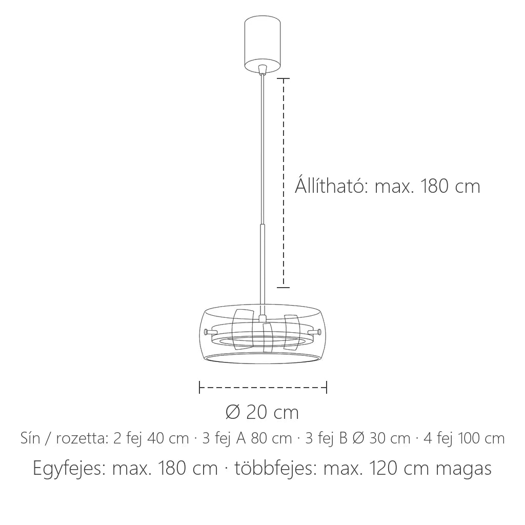 Üveg korongos LED függő lámpa méretei: Ø 20 cm, max. 180 cm
