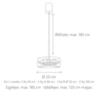 Üveg korongos LED függő lámpa méretei: Ø 20 cm, max. 180 cm