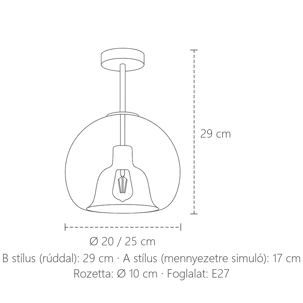 Üveg nordic mennyezeti lámpa méretei: Ø 20 vagy 25 cm, 17 vagy 29 cm magas