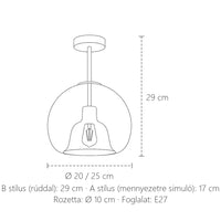 Üveg nordic mennyezeti lámpa méretei: Ø 20 vagy 25 cm, 17 vagy 29 cm magas