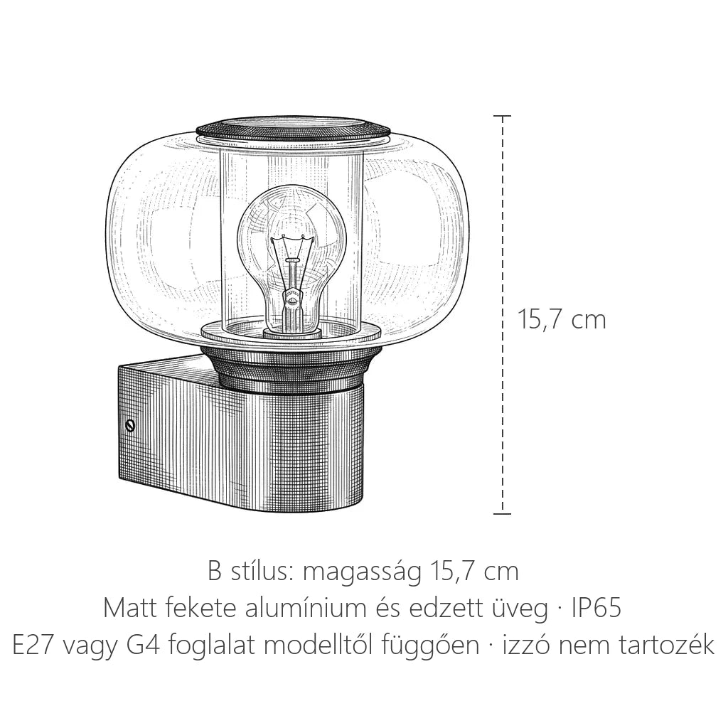 Üvegburás kültéri fali lámpa, B stílus méretei: 15,7 cm magas