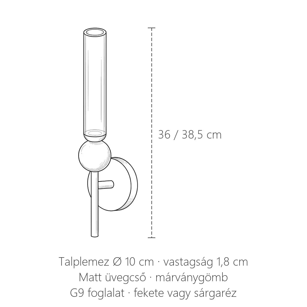 Üvegcsöves fali lámpa méretei: 36 vagy 38,5 cm magas, talplemez Ø 10 cm
