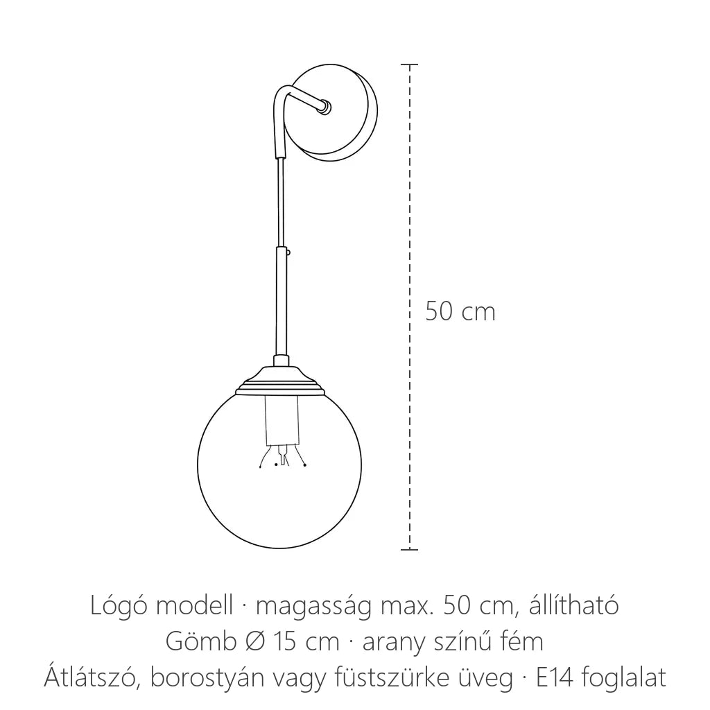 Üveggömbös lógó fali lámpa méretei: max. 50 cm, gömb Ø 15 cm
