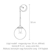 Üveggömbös lógó fali lámpa méretei: max. 50 cm, gömb Ø 15 cm