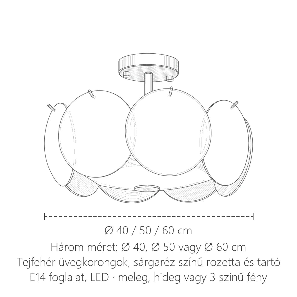 Üvegkorongos lámpa méretei: Ø 40 / 50 / 60 cm
