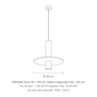 Vastag fekete cső függőlámpa filckoronggal méretei: búra 30 × 06 cm, teljes magasság max. 126 cm