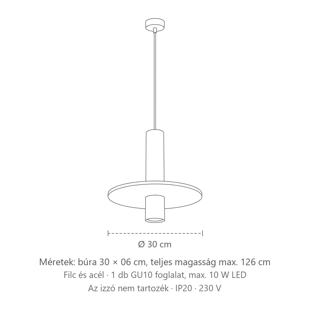 Vastag fekete cső függőlámpa filckoronggal méretei: búra 30 × 06 cm, teljes magasság max. 126 cm