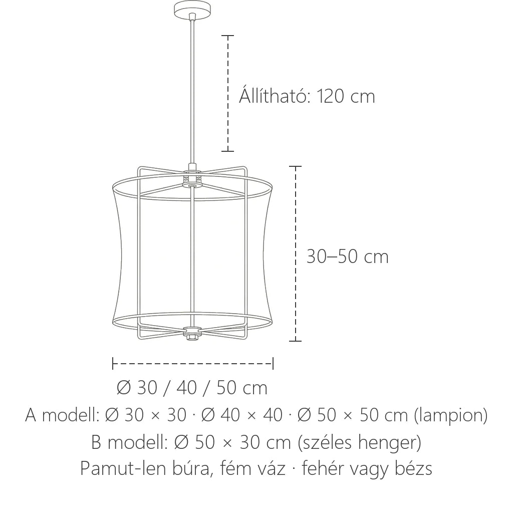Vászon függőlámpa méretei: Ø 30–50 cm, 120 cm kábel