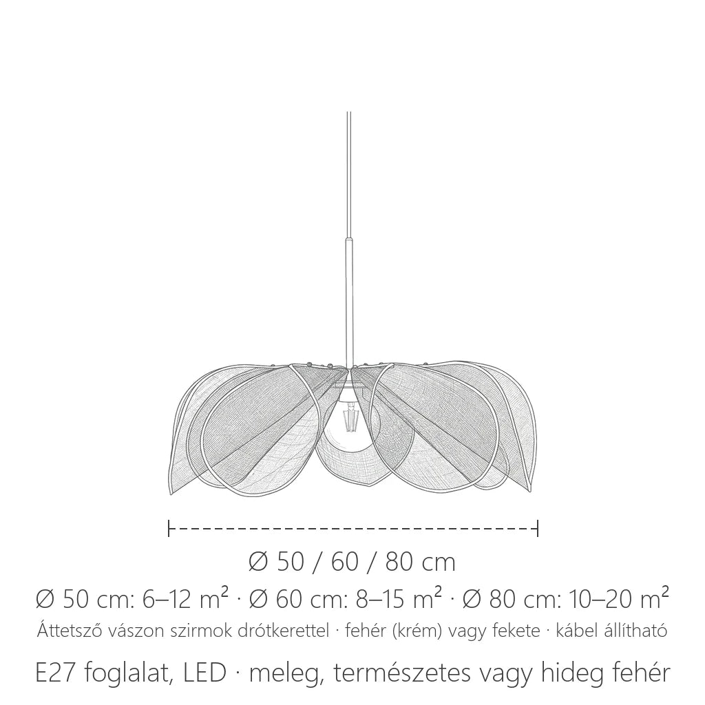 Vászon virág függőlámpa méretei: Ø 50 / 60 / 80 cm