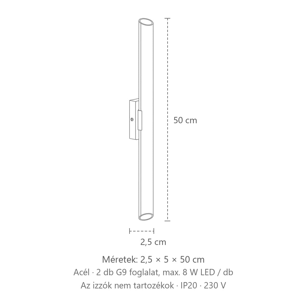 Vékony cső fali lámpa 50 cm méretei: 2,5 × 5 × 50 cm