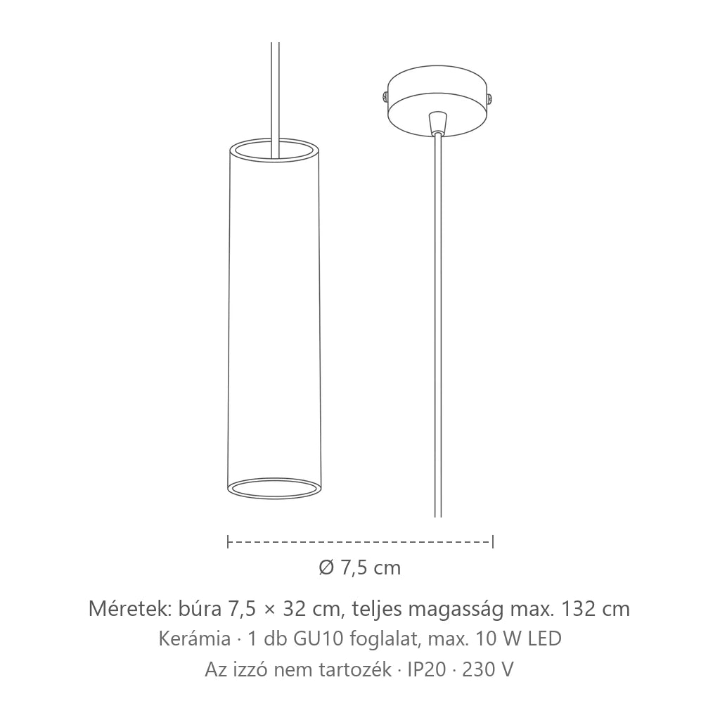 Vékony fehér kerámia cső függőlámpa méretei: búra 7,5 × 32 cm, teljes magasság max. 132 cm