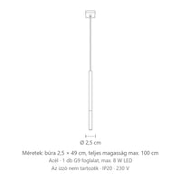 Vékony fekete cső függőlámpa fém véggel méretei (1 izzós): búra 2,5 × 49 cm, teljes magasság max. 100 cm