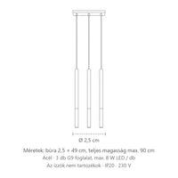 Vékony fekete cső függőlámpa fém véggel méretei (3 izzós – 30 cm-es sín): búra 2,5 × 49 cm, teljes magasság max. 90 cm