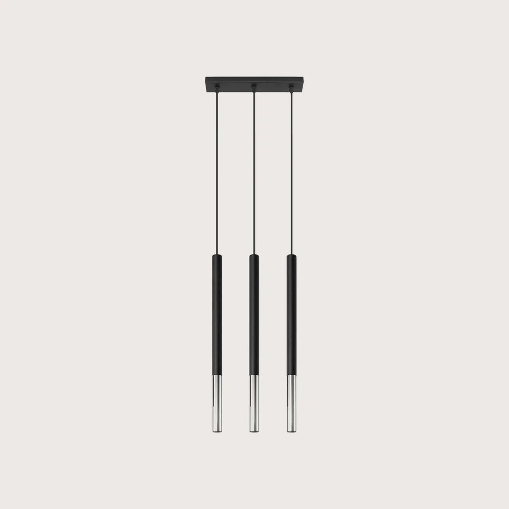 Vékony fekete cső függőlámpa fém véggel, fekete/króm (3 izzós – 30 cm-es sín)