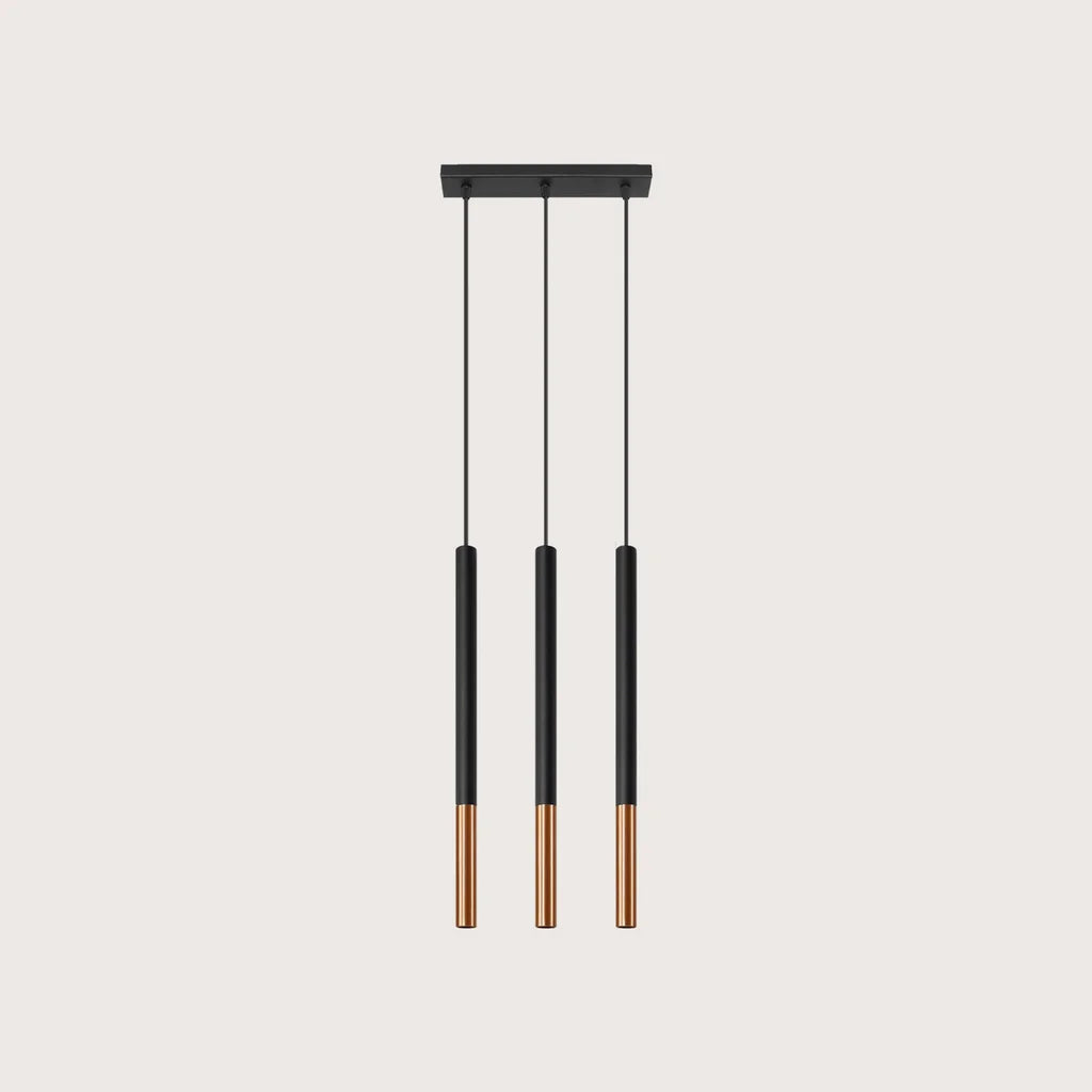 Vékony fekete cső függőlámpa fém véggel, fekete/réz (3 izzós – 30 cm-es sín)