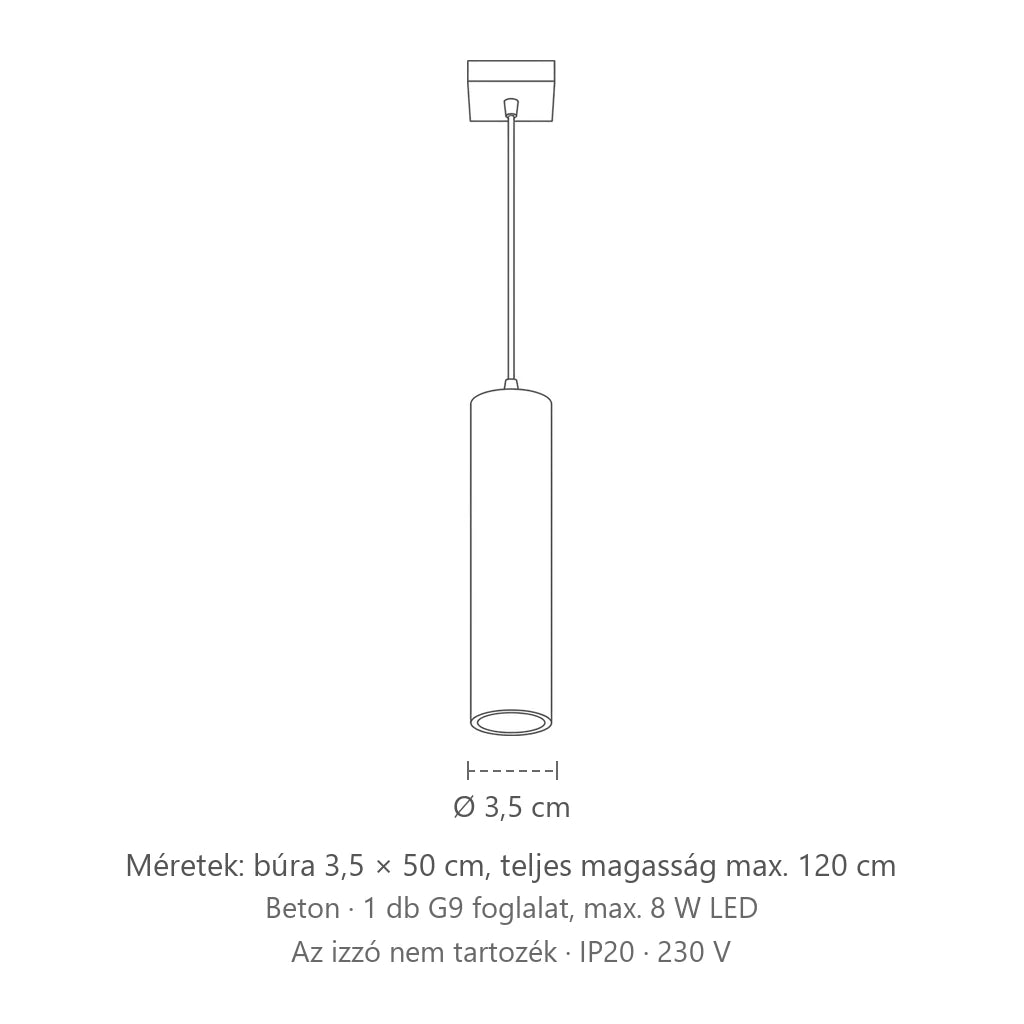 Vékony gyertya formájú cső függőlámpa méretei (1 izzós – beton): búra 3,5 × 50 cm, teljes magasság max. 120 cm