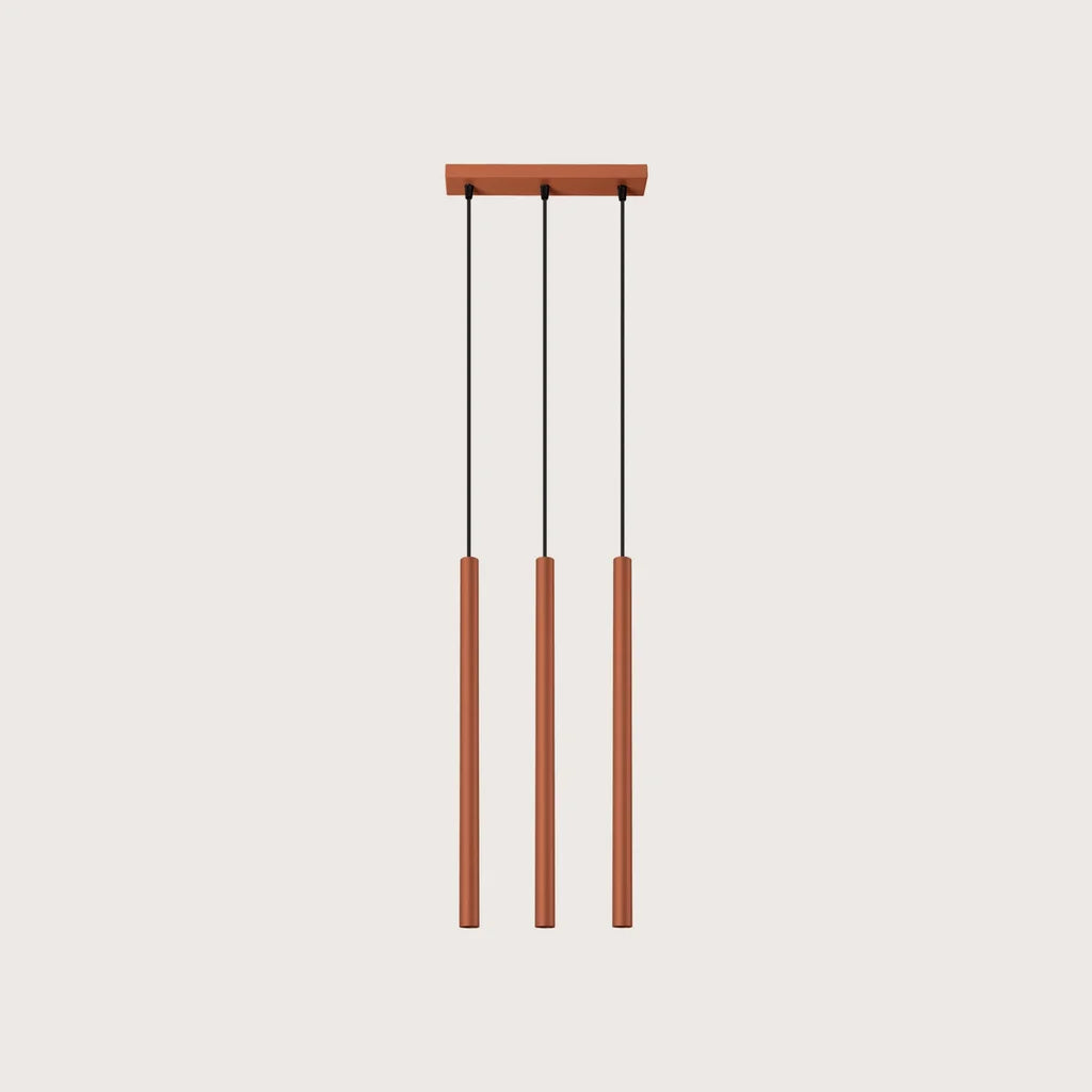 Vékony gyertya formájú cső függőlámpa, okkervörös (3 izzós – 30 cm-es sín – acél)