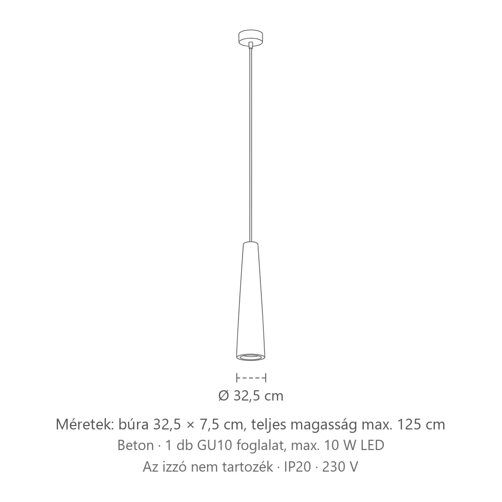 Vékony kúp függőlámpa méretei (Beton): búra 32,5 × 7,5 cm, teljes magasság max. 125 cm