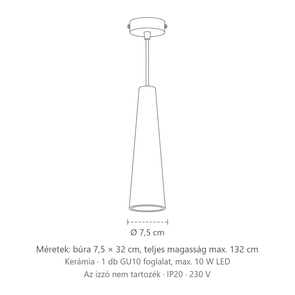 Vékony kúp függőlámpa méretei (Kerámia): búra 7,5 × 32 cm, teljes magasság max. 132 cm