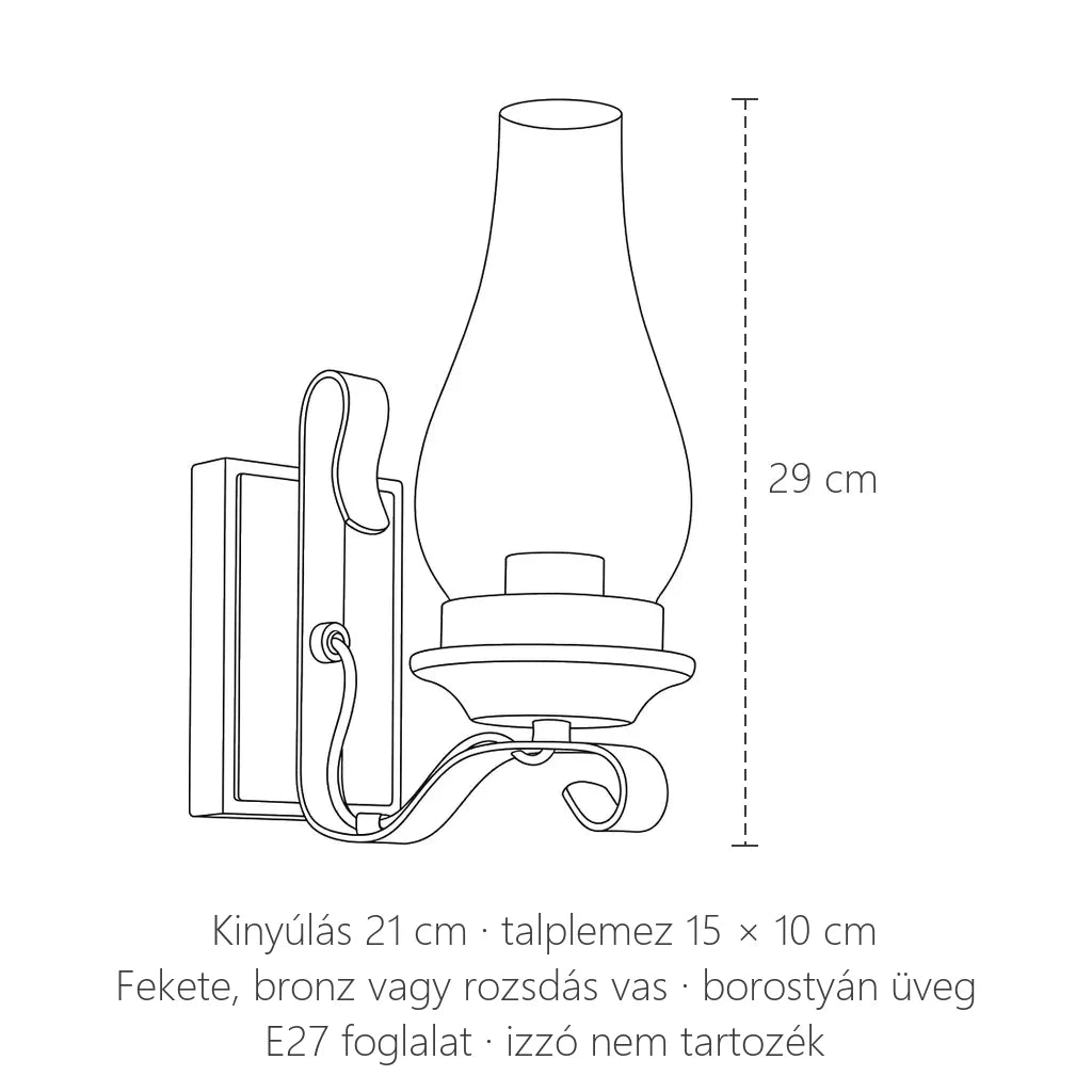 Viharlámpa fali lámpa méretei: 29 cm magas, kinyúlás 21 cm