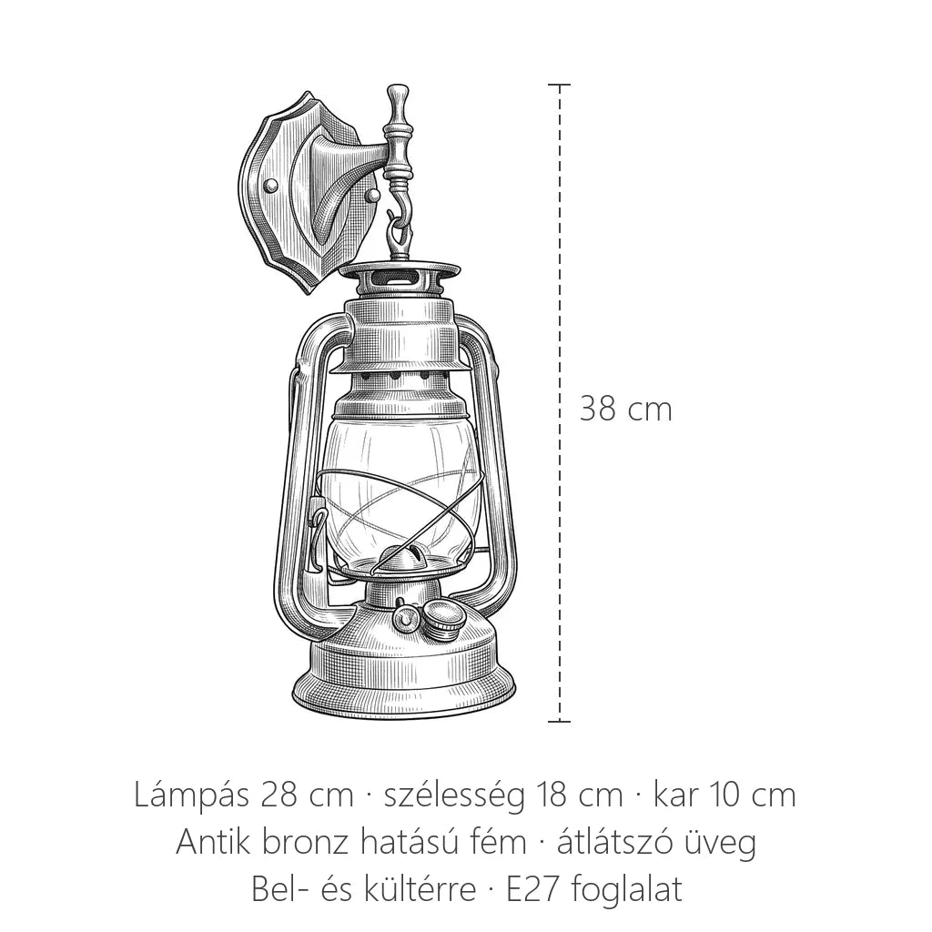 Viharlámpás kültéri fali lámpa méretei: 38 cm magas, 18 cm széles