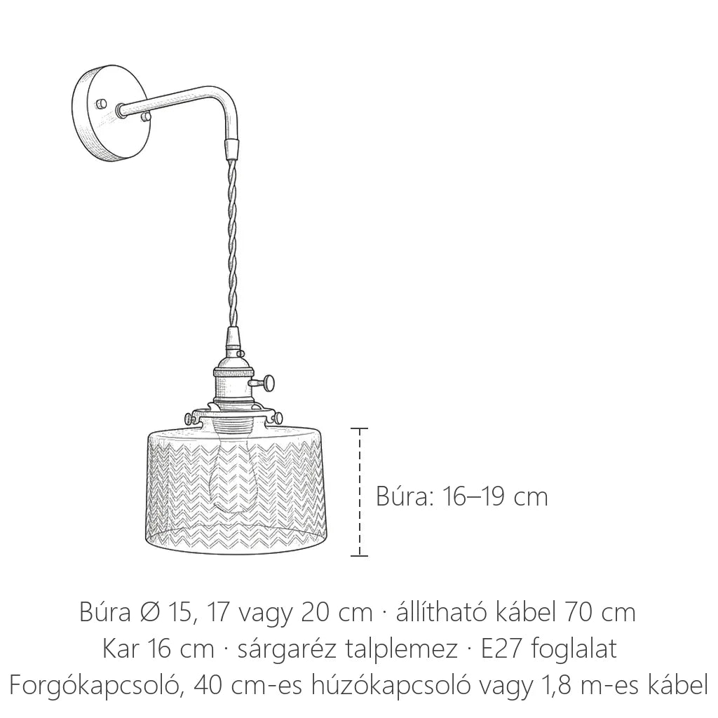 A vintage sárgaréz fali lámpa méretei: búra Ø 15, 17 vagy 20 cm