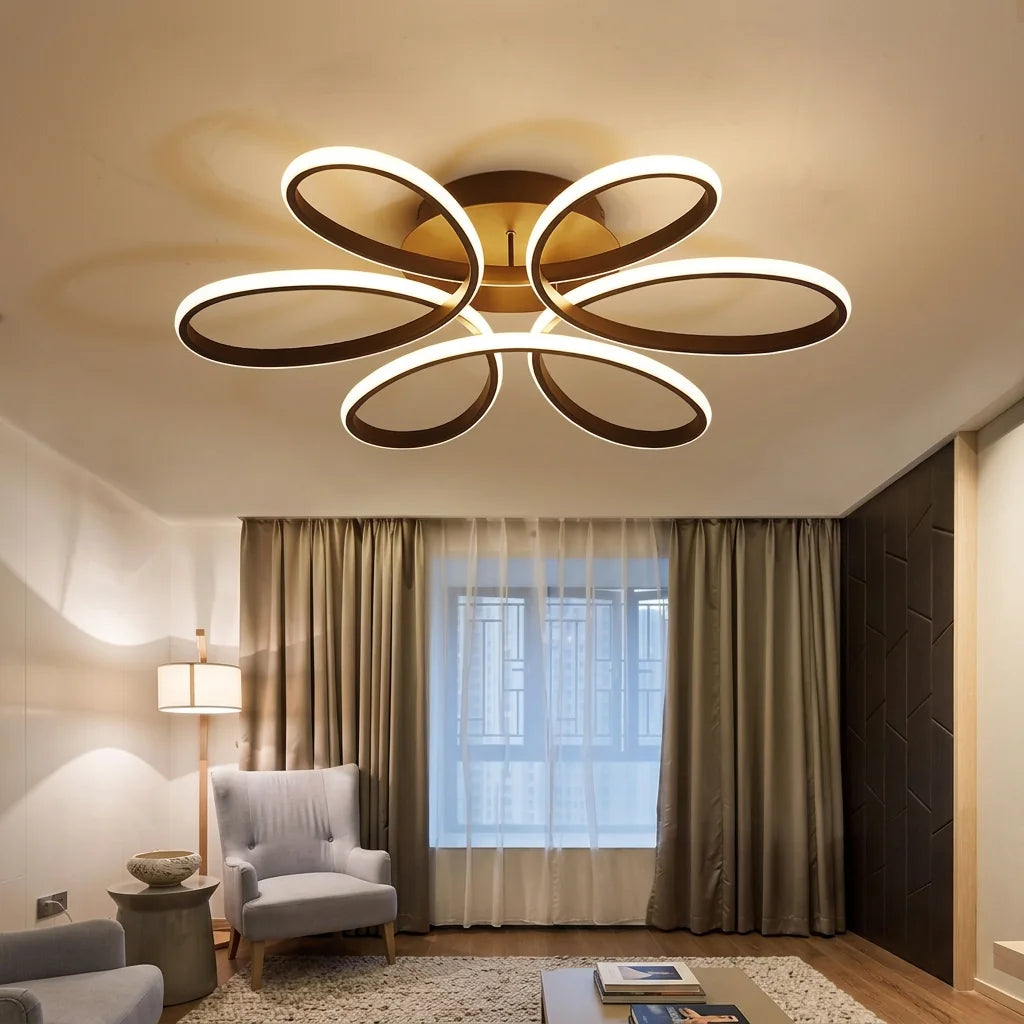 Sötét szirmos LED lámpa elegáns nappaliban