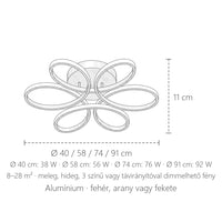 Szirmos LED lámpa méretei: Ø 40–91 cm, 11 cm magas