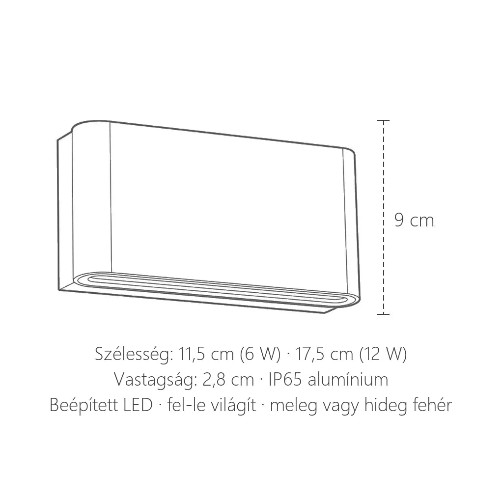 A vízálló LED fali lámpa méretei: szélesség 11,5 vagy 17,5 cm, magasság 9 cm
