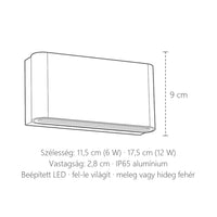 A vízálló LED fali lámpa méretei: szélesség 11,5 vagy 17,5 cm, magasság 9 cm