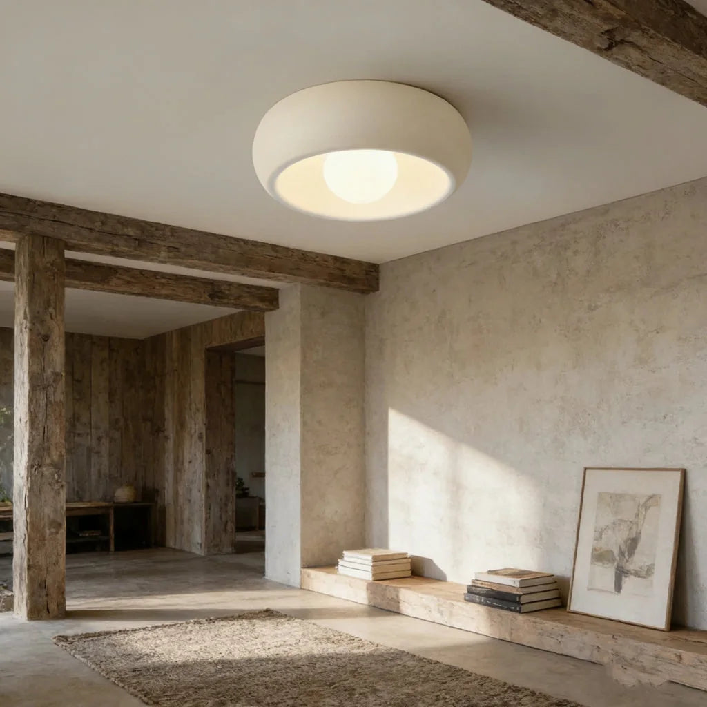 Wabi-sabi lámpa gerendás loft térben