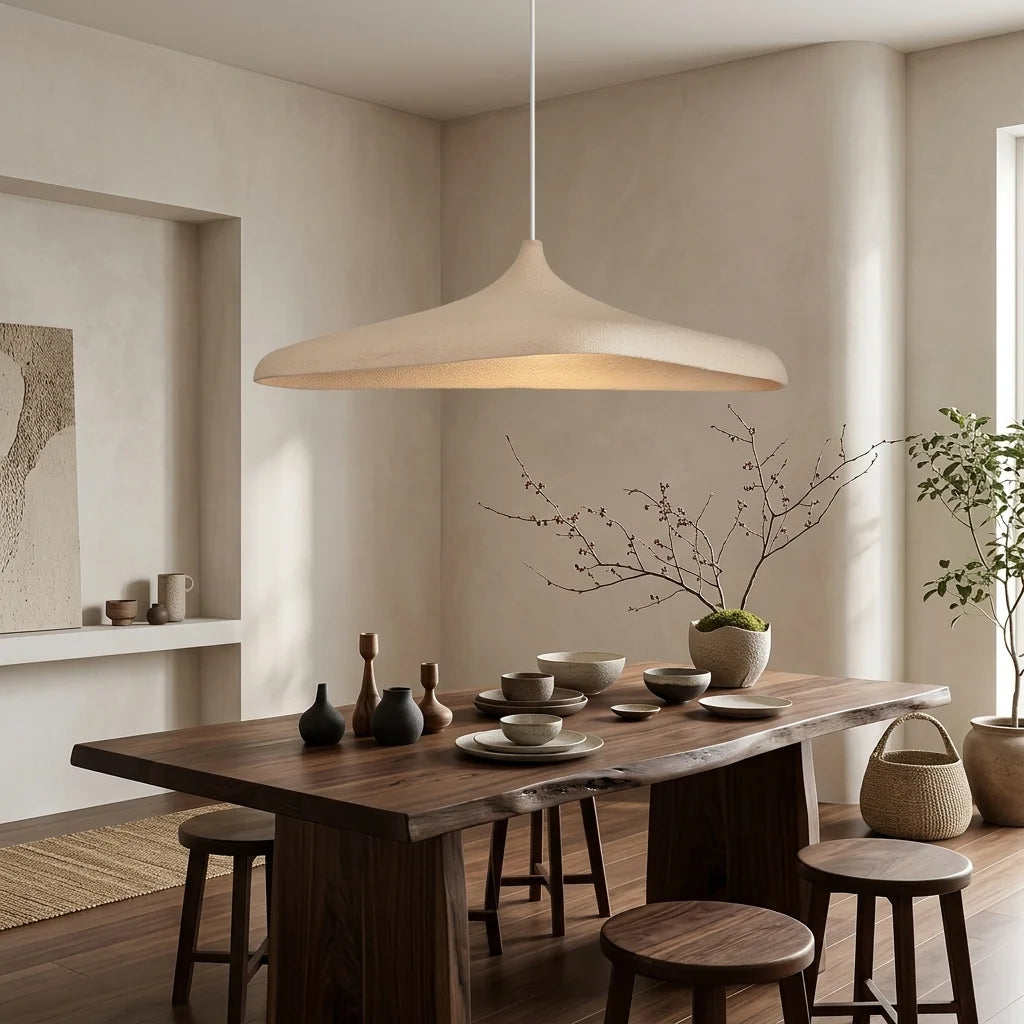 Wabi-sabi függőlámpa sötét fa étkezőasztal fölött