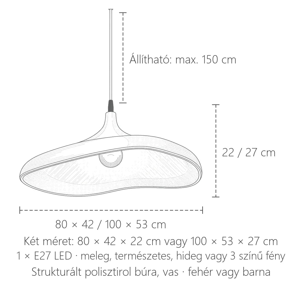 Wabi-sabi függőlámpa méretei: 80 / 100 cm, max. 150 cm kábel