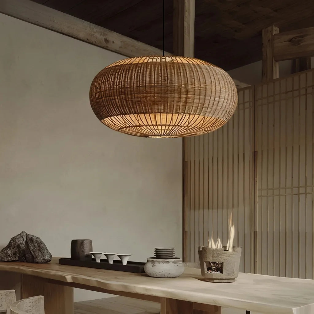 Japán rattan csillár minimalista japandi térben