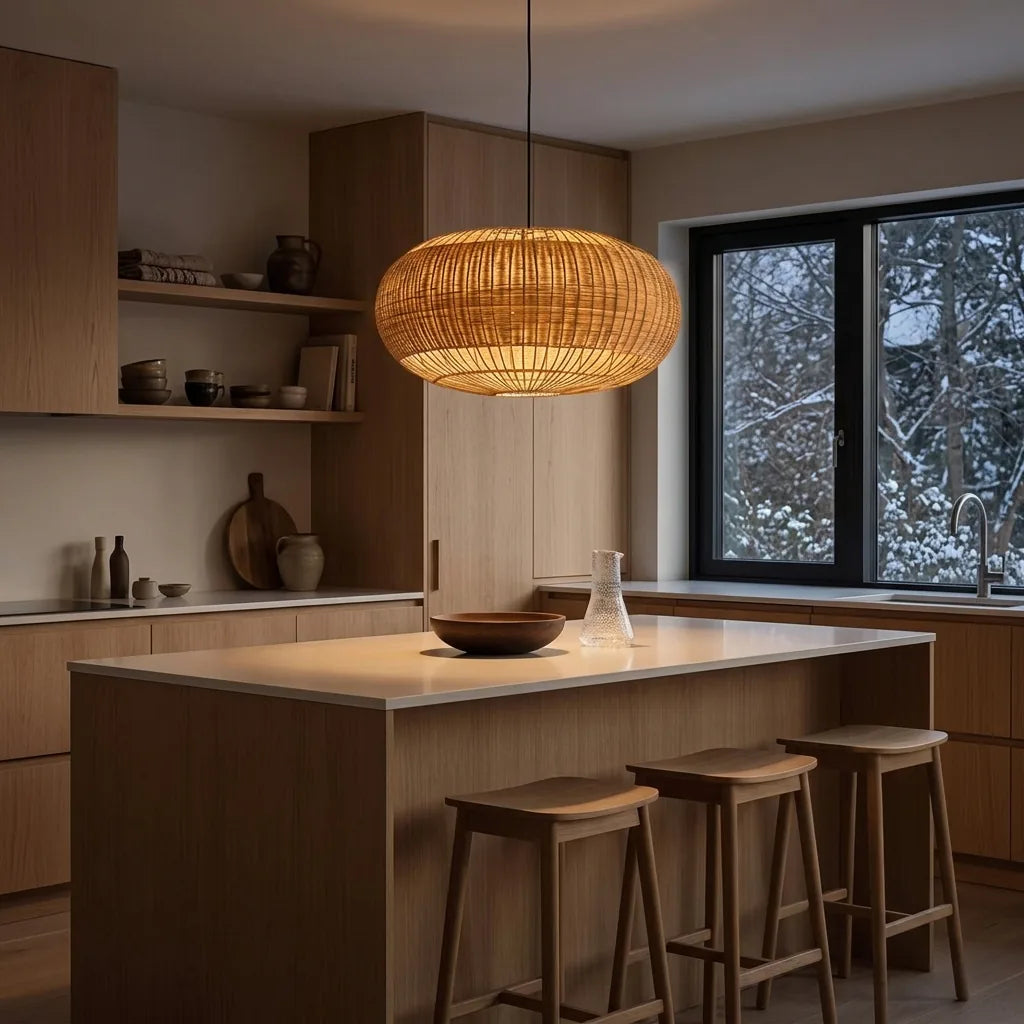 Kézzel font rattan csillár a konyhasziget fölött