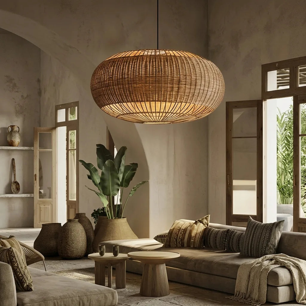 Wabi-sabi rattan csillár természetes hangulatú nappaliban