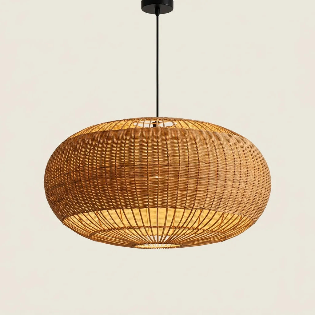 Japán wabi-sabi rattan csillár kézzel font, meleg fénnyel világítva