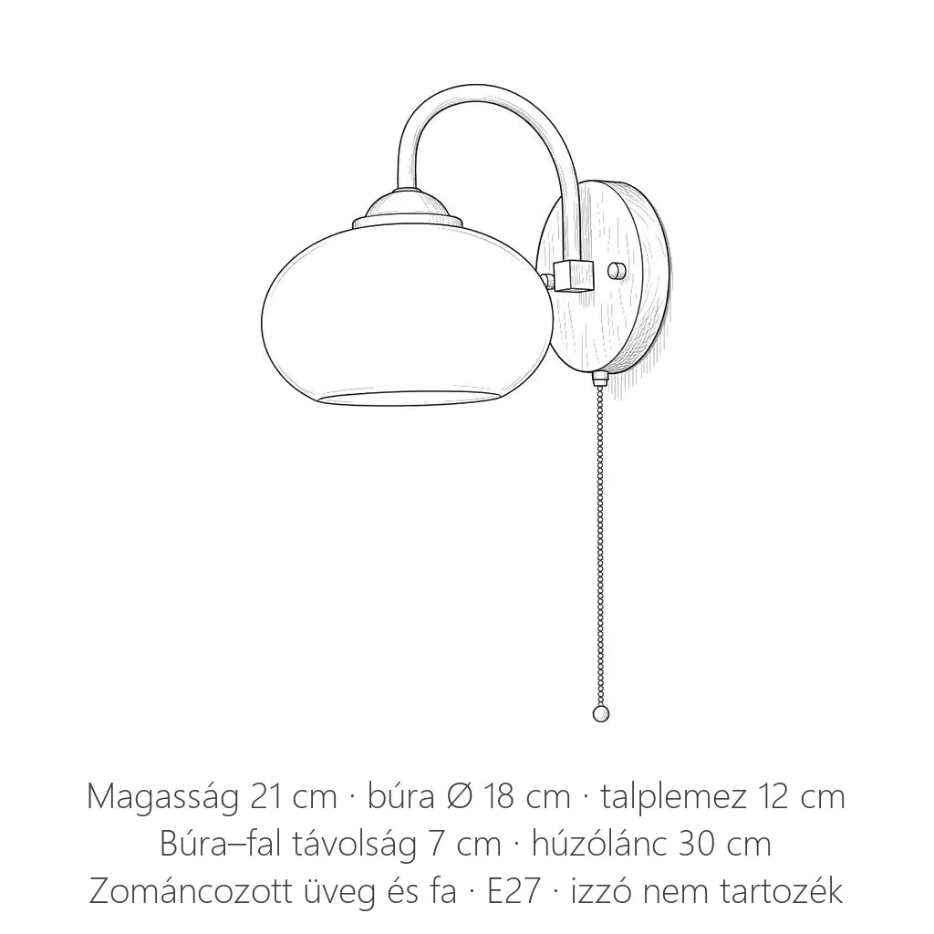 Zománcozott üveg és fa fali lámpa méretei: 21 cm magas, búra Ø 18 cm